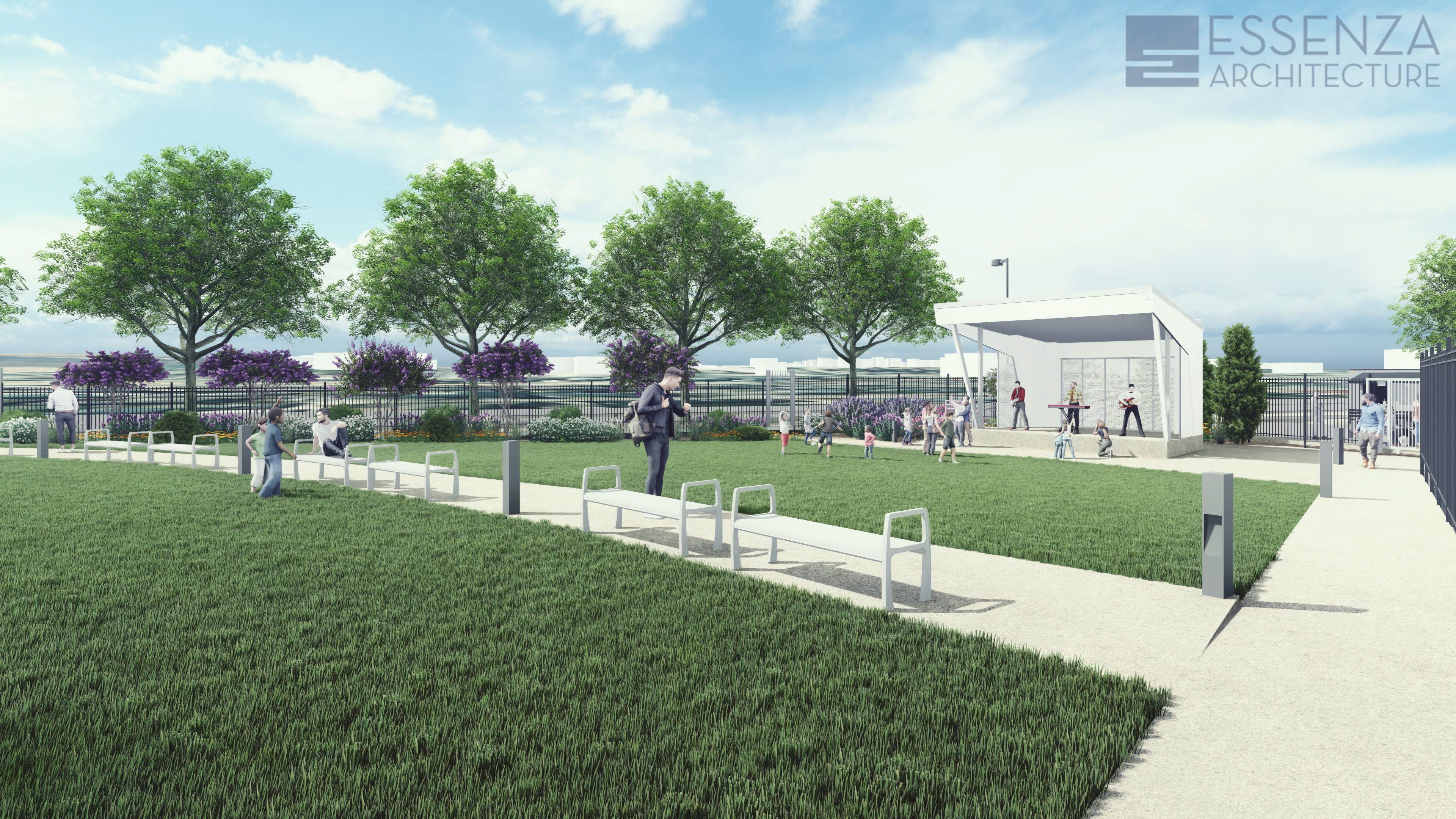 Digitally rendered image of courtyard after updates have completed. Shows walkway with benches, grassy area, trees, and a stage.